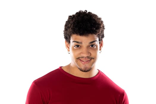 Cute african american man with afro hairstyle wearing a burgundy T-shirt isolated on a white background