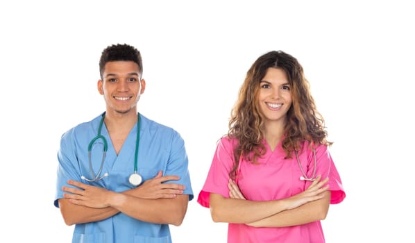 Medical professionals with colorful uniforms isolated on a white background