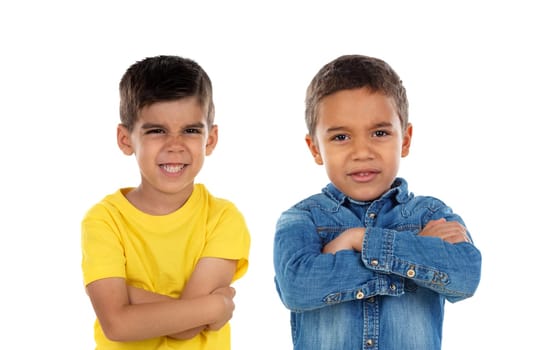Two funny children pretending to be angry isolated on a white background