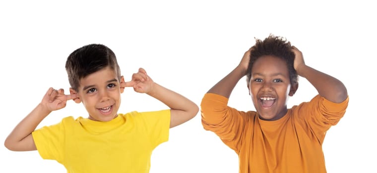 Two astonished children isolated on a white background