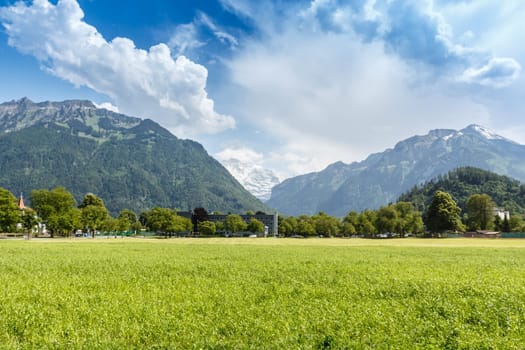 Scenic Alps mountain landscape with blue sky, Interlaken, Switzerland