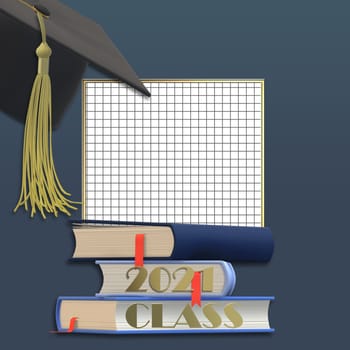 Graduation 2021 cap with tassel. Class of 2021 year on squared graph grid paper, pile of books Education concept, isolated. Place for text, copy space. 3D illustration