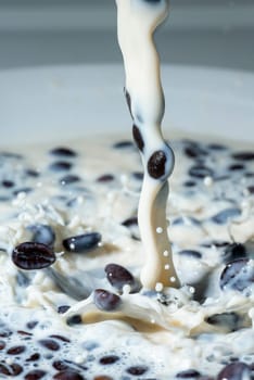 Coffee beans falling on the milk splash. Cup of milk. Concept photography.