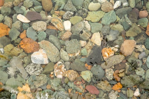 crystal clear water on Lake Teletskoye, through which you can see the stones lying on the bottom.Russia, Altai Krai.