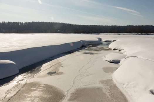 thawed patch with water on river among snow.