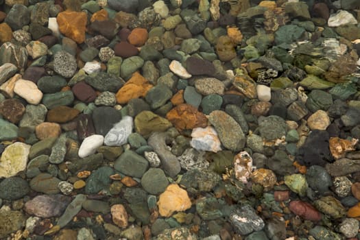 crystal clear water on Lake Teletskoye, through which you can see the stones lying on the bottom.Russia, Altai Krai.