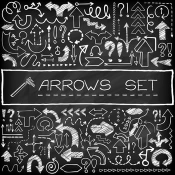 Doodle arrow icons set with question and exclamation marks. Chalk board effect. Vector Illustration.