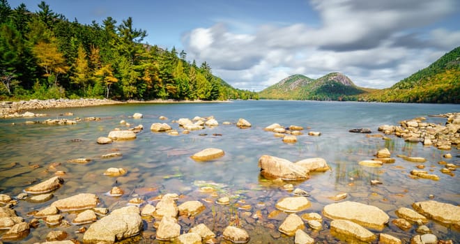 Long exposure shot of Jordan Pond in Acadia National Park in Maine