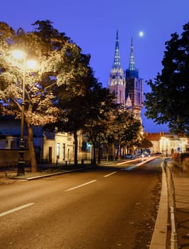 Nighttime cityscape and Zagreb Cathedral in Zagreb, Croatia