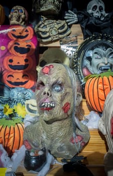 Lots of scary halloween masks. Realistic rubber made