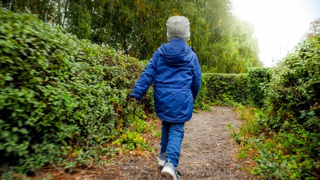 Rear view image of little boy injacket running at autumn park.