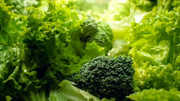 Closeup abstract photo of broccoli and lettuce leaves mixed in fresh salad. Background for healthy food and GMO free products.Diet nutrition and fresh vegetables. Vegan and vegetarian background.