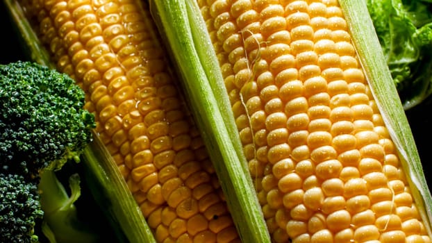 Closeup photoof water droplets falling from fresh corn ears. Background for healthy food and GMO free products.Diet nutrition and fresh vegetables. Vegan and vegetarian background.