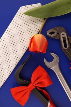 Crowbar tied with a red bow, spanners, necktie and tulip over a blue background and free copy space for your greeting
