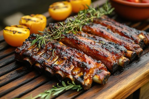 Grilled ribs with tomatoes and seasoning on a wooden stand. Barbecue party in the backyard