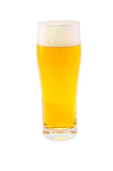 Large glass filled with beer against a white background.