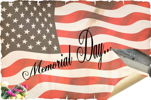 Map for Memorial Day. Old scroll and pen. Background Stars and stripes.