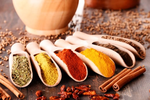 Variety of spices on kitchen table.