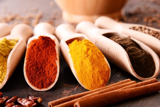 Variety of spices on kitchen table.
