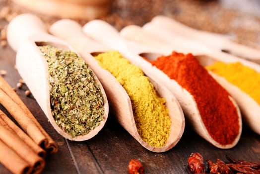 Variety of spices on kitchen table.