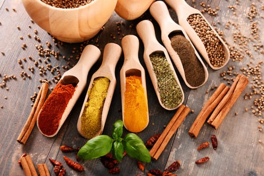 Variety of spices on kitchen table.