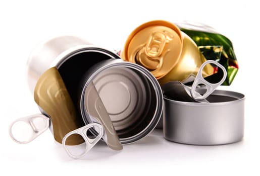 Recyclable garbage consisting of metal cans isolated on white background