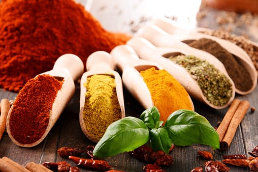 Variety of spices on kitchen table.