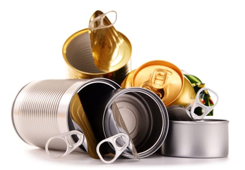 Recyclable garbage consisting of metal cans isolated on white background
