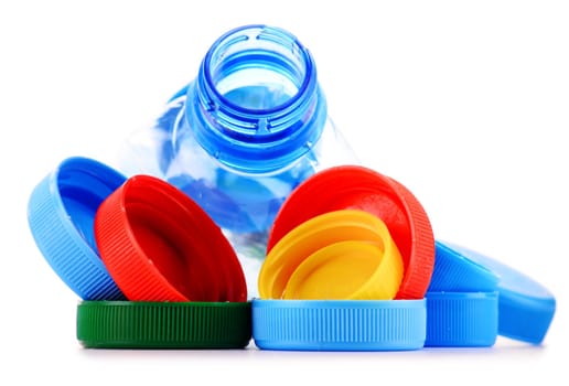 Composition with plastic bottles and caps.