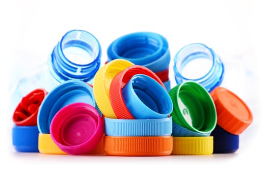 Composition with plastic bottles and caps.