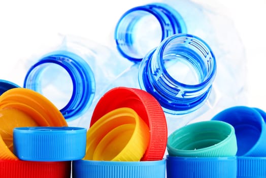 Composition with plastic bottles and caps.