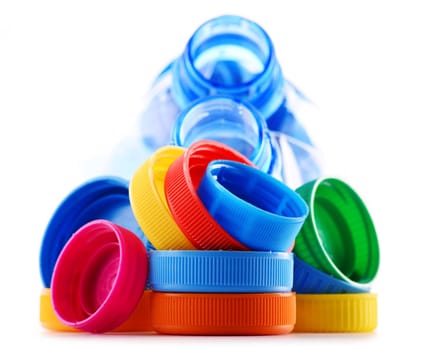 Composition with plastic bottles and caps.
