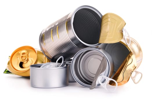 Recyclable garbage consisting of metal cans isolated on white background