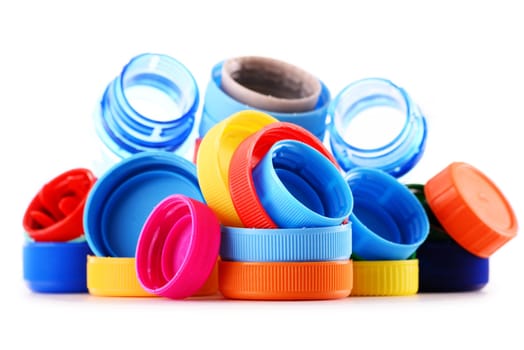 Composition with plastic bottles and caps.
