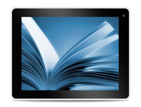 Book on computer tablet screen. Reading online.