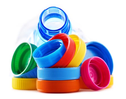 Composition with plastic bottles and caps.