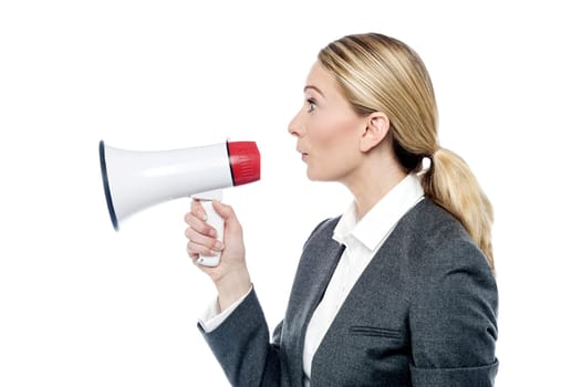 Female executive make advertising with loudhailer