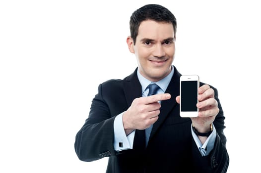 Business executive displaying a new smart phone