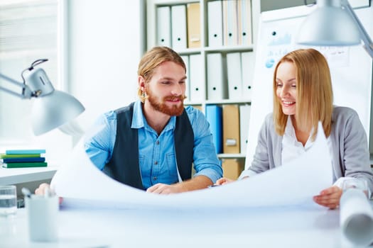 Pretty businesswoman and her colleague looking at blueprint at meeting