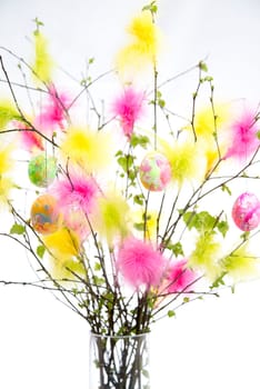 Easter Twigs with Coloured Feathers and Eggs and
