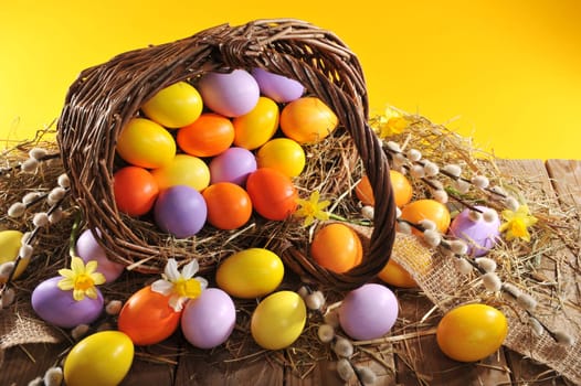 Easter basket with Easter eggs,daffodils and palm kittens on old weathered wooden boards