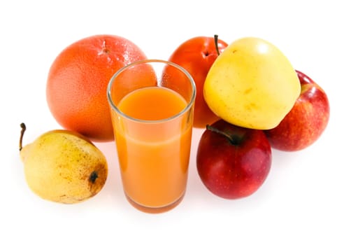 apple, pear, grapefruit, a glass of juice on a white background