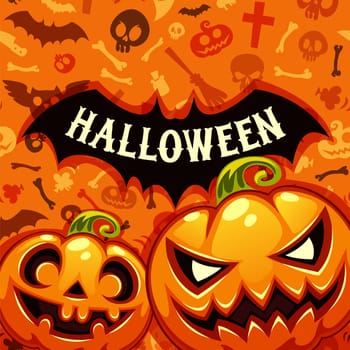 Halloween Pumpkins Card With Bat Silhouette. Editable pattern in swatches. Clipping paths included in additional jpg format