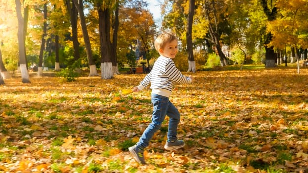Happy smiling boy running in autumn park covered with fallen golden leaves.