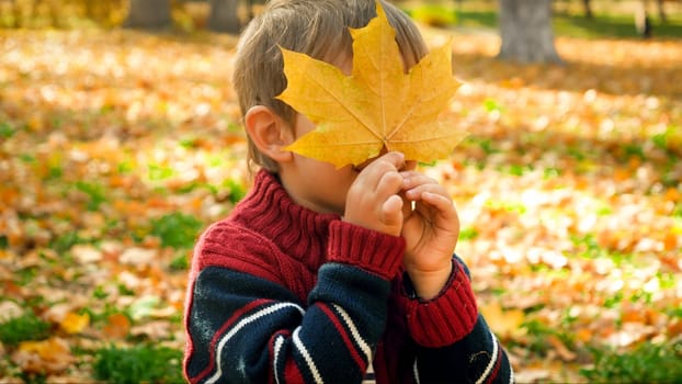 Portrait of cute little boy looking through yellow mapple tree leaf at autumn park.