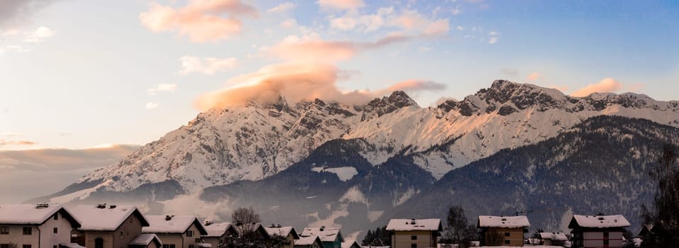 Idyllic scenery with snowy mountains in the evening sun, Alps, Austria