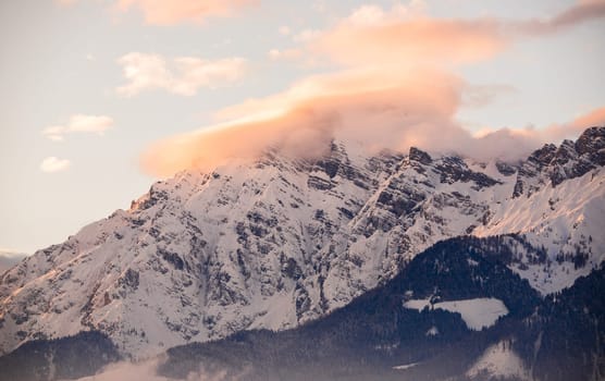 Idyllic scenery with snowy mountains in the evening sun, Alps, Austria
