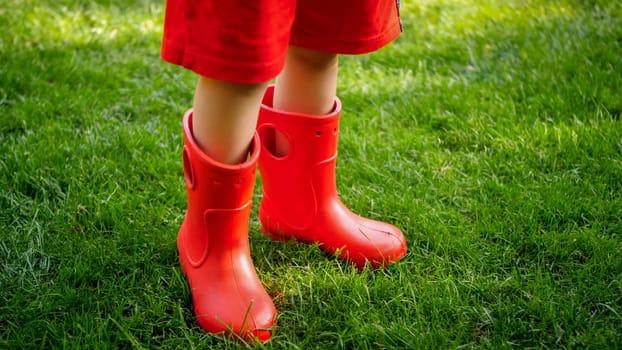 Closeup image of ittle boy in red rubber wellington boots standing on green grass lawn.