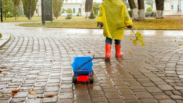 Closeup photo of little boy pulling hif toy truck in park on rainy autumn day.