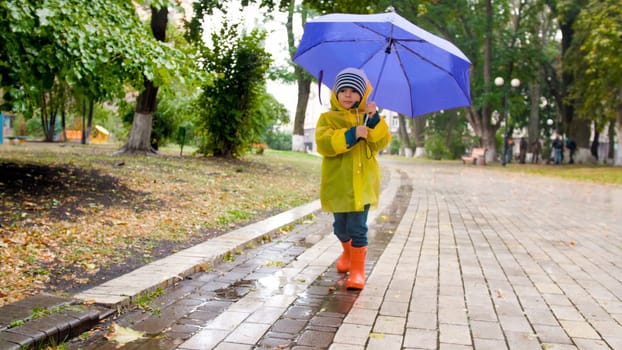 Little boy with umbrella walking at park during rain.